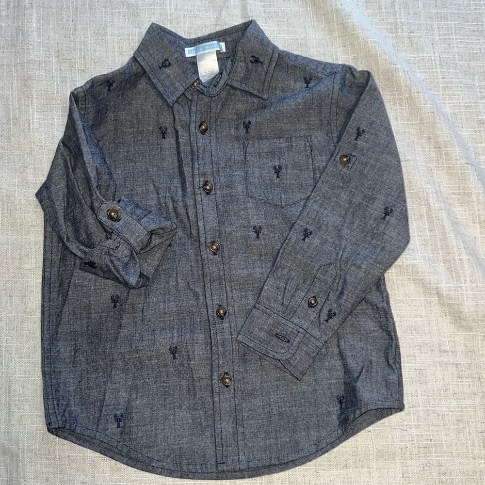 Janie and Jack Chambray Lobster shirt. Button down, cuff sleeves with buttons.